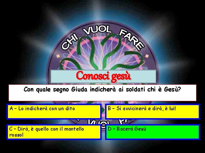 Conosci gesù Con quale segno Giuda indicherà ai soldati chi è Gesù? A –