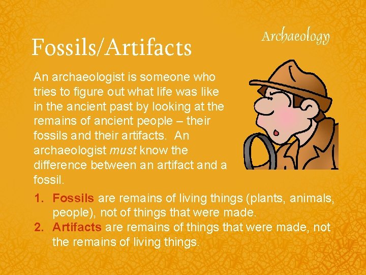 Fossils/Artifacts An archaeologist is someone who tries to figure out what life was like