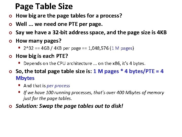 Page Table Size ¢ ¢ Carnegie Mellon How big are the page tables for