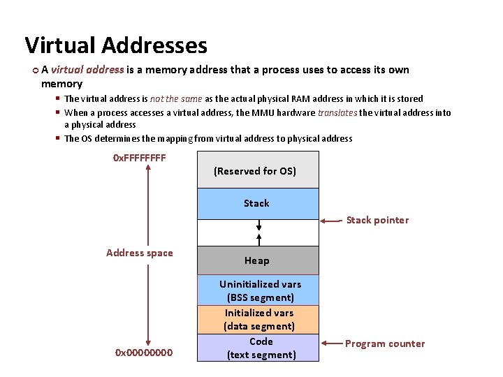 Carnegie Mellon Virtual Addresses ¢A virtual address is a memory address that a process