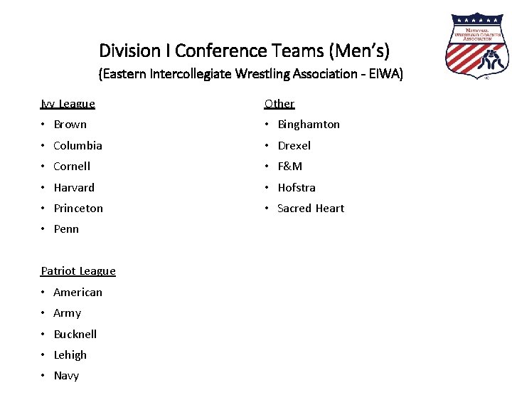 Division I Conference Teams (Men’s) (Eastern Intercollegiate Wrestling Association - EIWA) Ivy League Other Division I Conference Teams (Men’s) (Eastern Intercollegiate Wrestling Association - EIWA) Ivy League Other