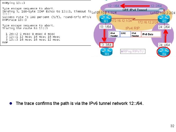l The trace confirms the path is via the IPv 6 tunnel network 12: