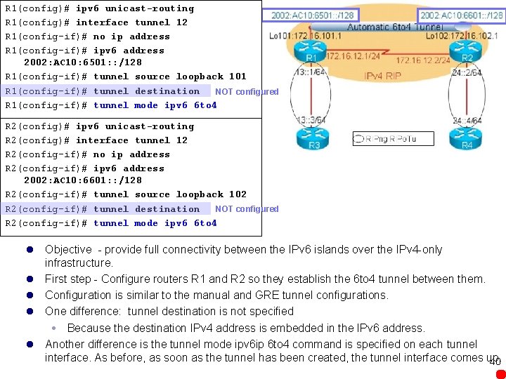 R 1(config)# ipv 6 unicast-routing R 1(config)# interface tunnel 12 R 1(config-if)# no ip