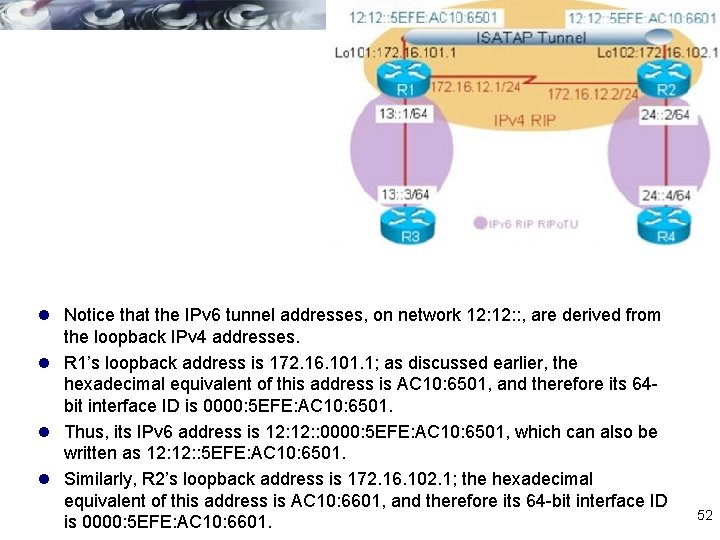 l Notice that the IPv 6 tunnel addresses, on network 12: : , are