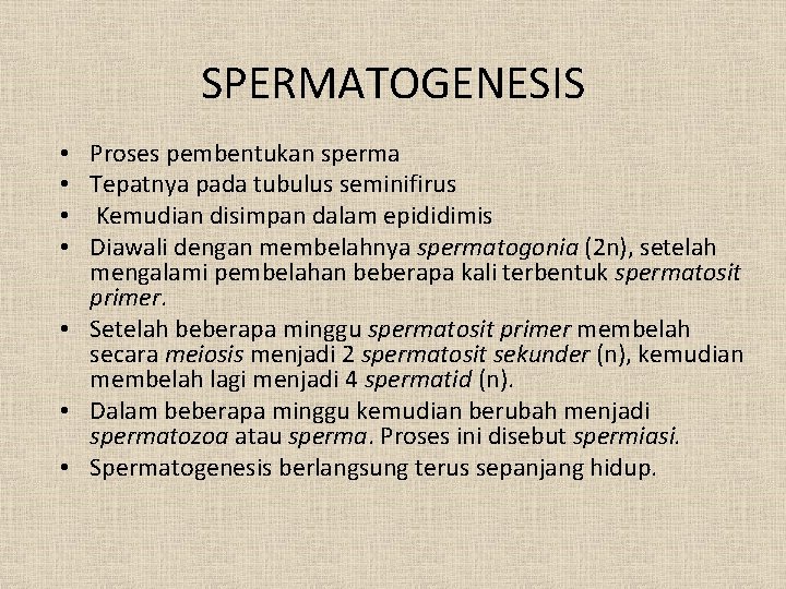 SPERMATOGENESIS Proses pembentukan sperma Tepatnya pada tubulus seminifirus Kemudian disimpan dalam epididimis Diawali dengan