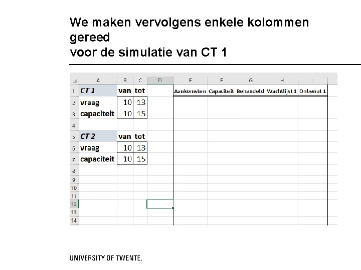We maken vervolgens enkele kolommen gereed voor de simulatie van CT 1 