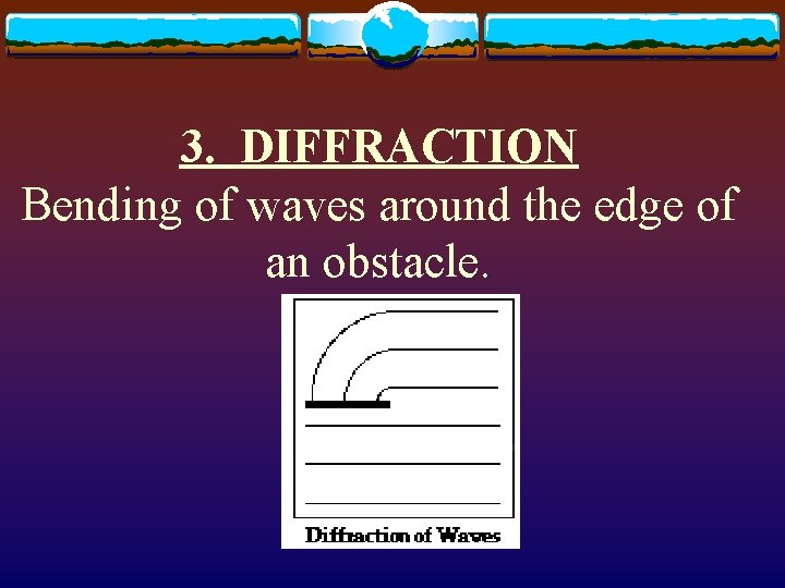 3. DIFFRACTION Bending of waves around the edge of an obstacle. 