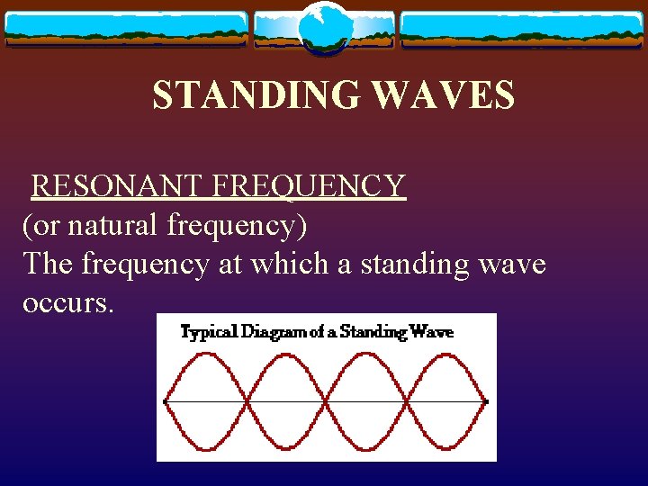 STANDING WAVES RESONANT FREQUENCY (or natural frequency) The frequency at which a standing wave
