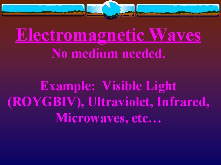 Electromagnetic Waves No medium needed. Example: Visible Light (ROYGBIV), Ultraviolet, Infrared, Microwaves, etc… 