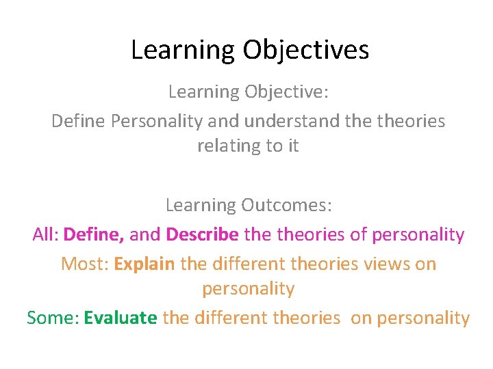 Learning Objectives Learning Objective: Define Personality and understand theories relating to it Learning Outcomes: