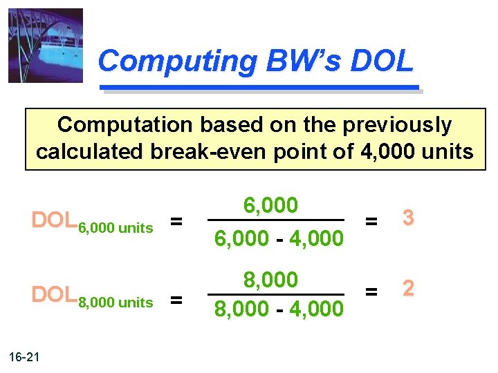 Computing BW’s DOL Computation based on the previously calculated break-even point of 4, 000