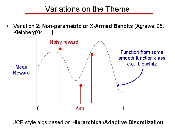 Variations on the Theme • Variation 2: Non-parametric or X-Armed Bandits [Agrawal’ 95, Kleinberg’