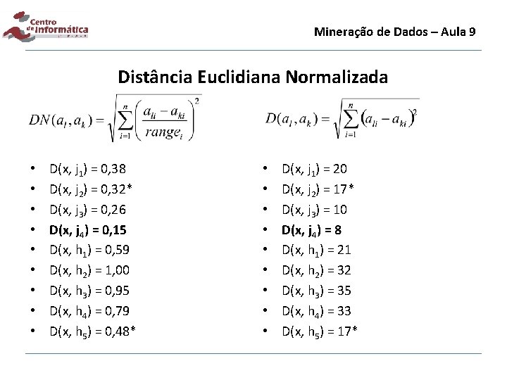 Mineração de Dados – Aula 9 Distância Euclidiana Normalizada • • • D(x, j