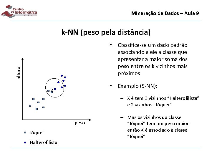 Mineração de Dados – Aula 9 k-NN (peso pela distância) altura • Classifica-se um