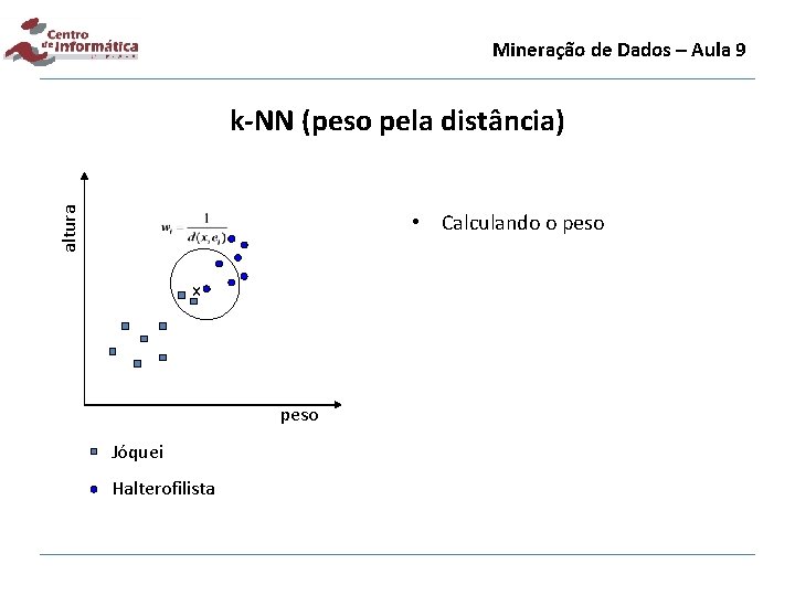 Mineração de Dados – Aula 9 altura k-NN (peso pela distância) • Calculando o