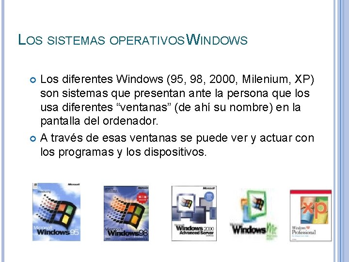 LOS SISTEMAS OPERATIVOS WINDOWS Los diferentes Windows (95, 98, 2000, Milenium, XP) son sistemas LOS SISTEMAS OPERATIVOS WINDOWS Los diferentes Windows (95, 98, 2000, Milenium, XP) son sistemas