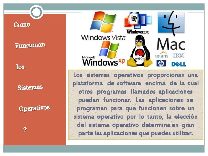 Como Funcionan los Sistemas Operativos ? Los sistemas operativos proporcionan una plataforma de software Como Funcionan los Sistemas Operativos ? Los sistemas operativos proporcionan una plataforma de software