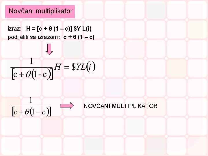 Novčani multiplikator izraz: H = [c + θ (1 – c)] $Y L(i) podijeliti