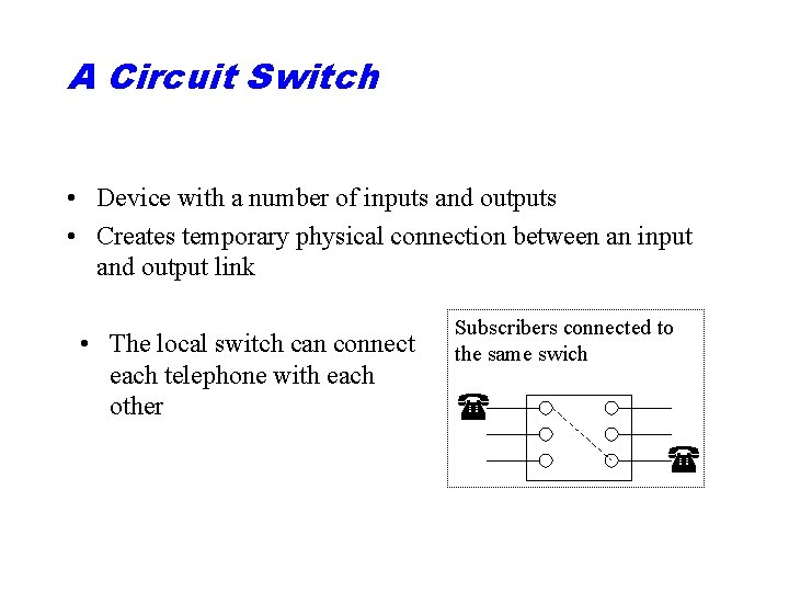 A Circuit Switch • Device with a number of inputs and outputs • Creates