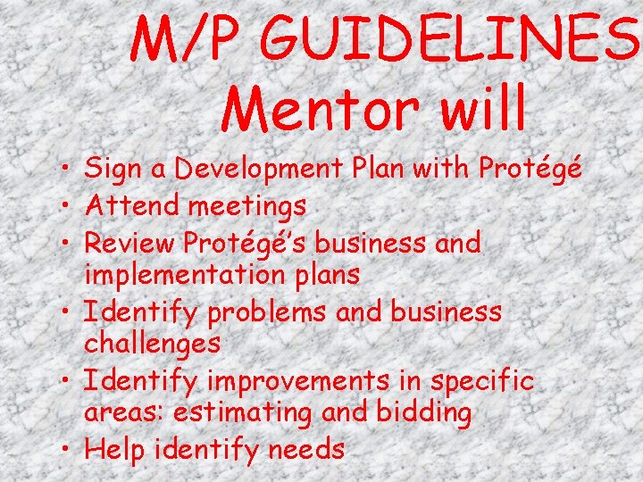 M/P GUIDELINES Mentor will • Sign a Development Plan with Protégé • Attend meetings