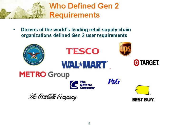Who Defined Gen 2 Requirements • Dozens of the world’s leading retail supply chain