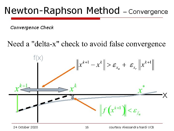 Newton-Raphson Method – Convergence Check f(x) X 24 October 2020 16 courtesy Alessandra Nardi