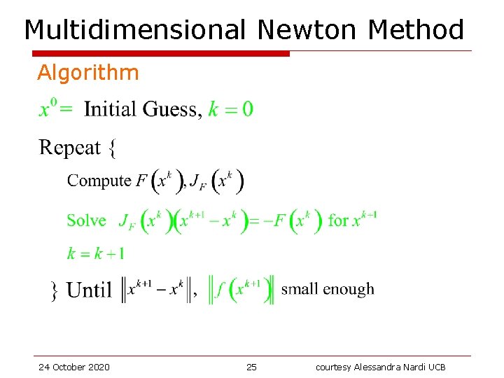 Multidimensional Newton Method Algorithm 24 October 2020 25 courtesy Alessandra Nardi UCB 