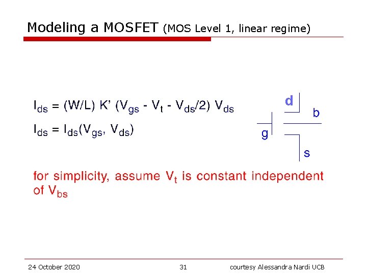 Modeling a MOSFET (MOS Level 1, linear regime) d 24 October 2020 31 courtesy