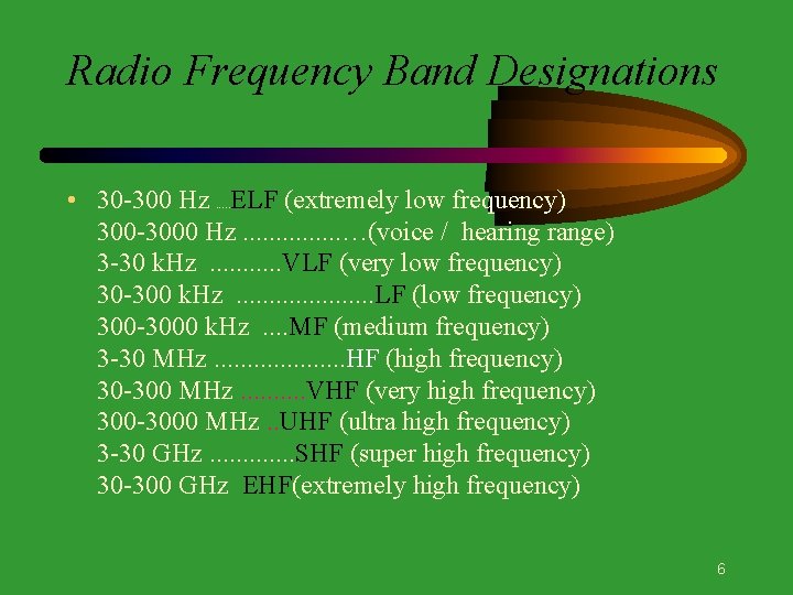 Radio Frequency Band Designations • 30 -300 Hz . . . ELF (extremely low