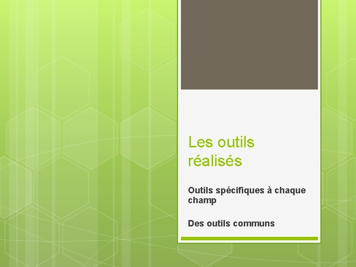 Les outils réalisés Outils spécifiques à chaque champ Des outils communs 