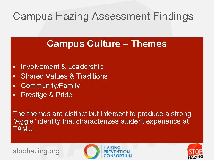 Campus Hazing Assessment Findings Campus Culture – Themes • • Involvement & Leadership Shared