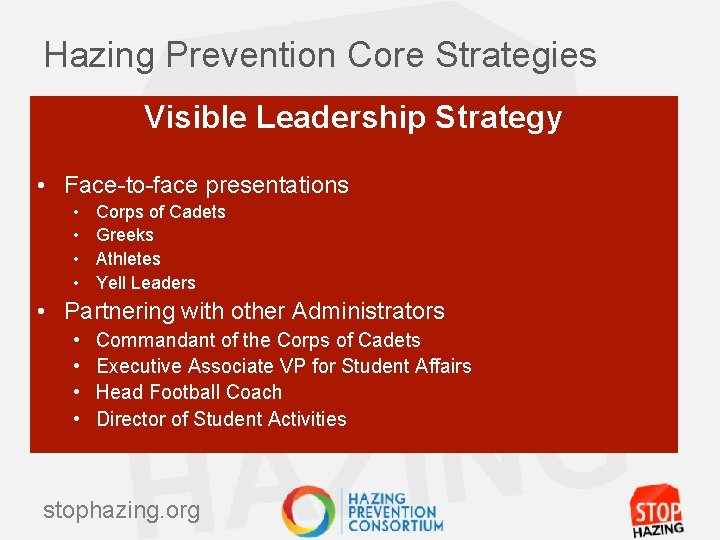 Hazing Prevention Core Strategies Visible Leadership Strategy • Face-to-face presentations • • Corps of