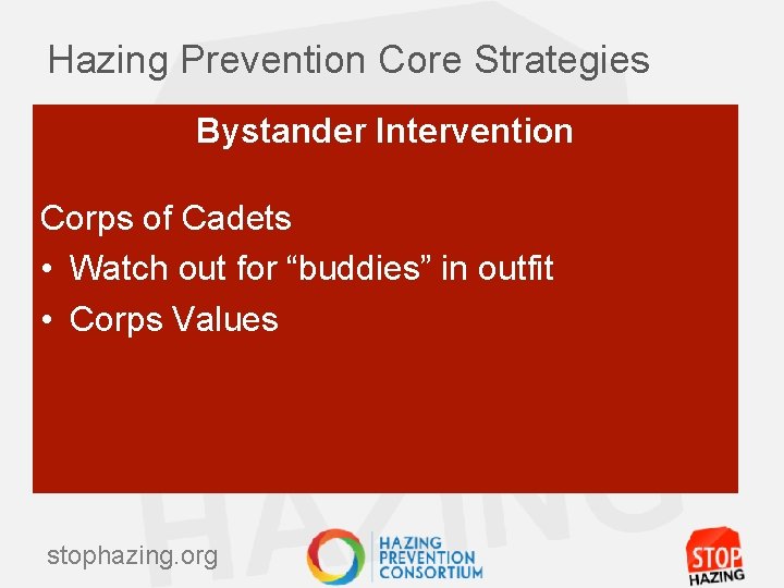 Hazing Prevention Core Strategies Bystander Intervention Corps of Cadets • Watch out for “buddies”