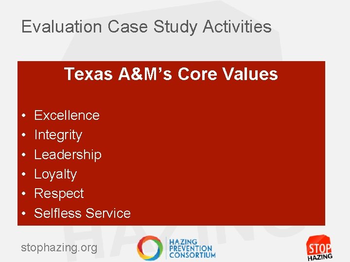 Evaluation Case Study Activities Texas A&M’s Core Values • • • Excellence Integrity Leadership