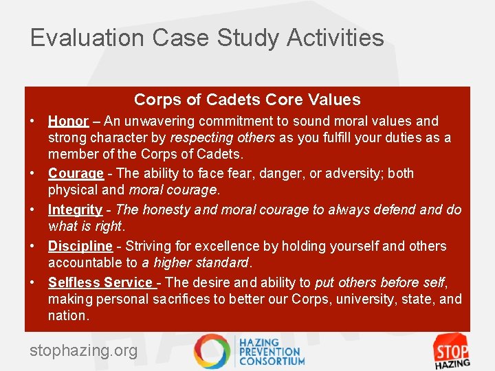 Evaluation Case Study Activities Corps of Cadets Core Values • Honor – An unwavering