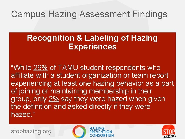 Campus Hazing Assessment Findings Recognition & Labeling of Hazing Experiences “While 26% of TAMU