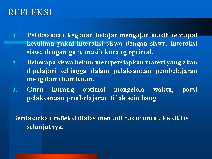 REFLEKSI 1. 2. 3. Pelaksanaan kegiatan belajar mengajar masih terdapat kesulitan yakni interaksi siswa REFLEKSI 1. 2. 3. Pelaksanaan kegiatan belajar mengajar masih terdapat kesulitan yakni interaksi siswa