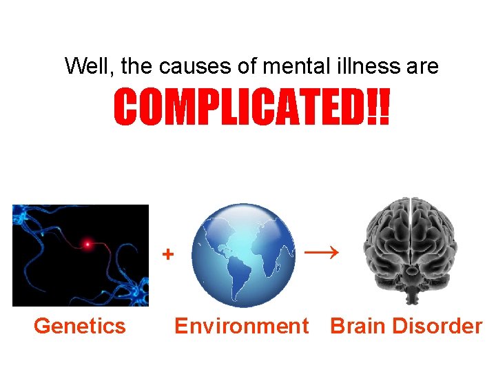 Well, the causes of mental illness are COMPLICATED!! + Genetics → Environment Brain Disorder