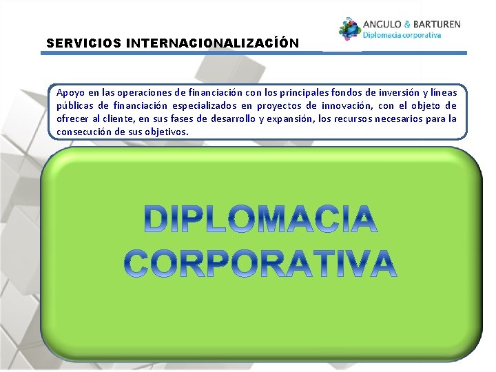 SERVICIOS INTERNACIONALIZACÍÓN Apoyo en las operaciones de financiación con los principales fondos de inversión