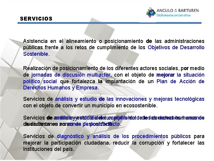 SERVICIOS Asistencia en el alineamiento o posicionamiento de las administraciones públicas frente a los