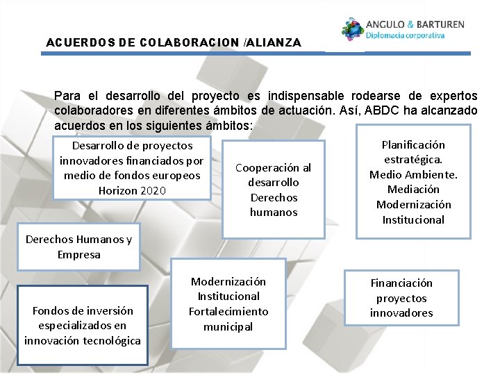 ACUERDOS DE COLABORACION /ALIANZA Para el desarrollo del proyecto es indispensable rodearse de expertos