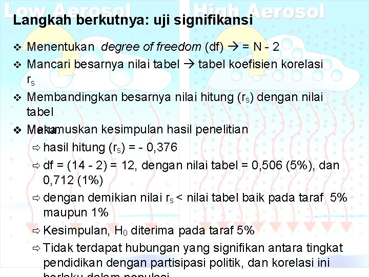 Langkah berkutnya: uji signifikansi Menentukan degree of freedom (df) = N - 2 v