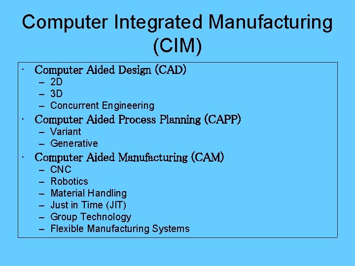 Computer Integrated Manufacturing (CIM) • Computer Aided Design (CAD) – 2 D – 3