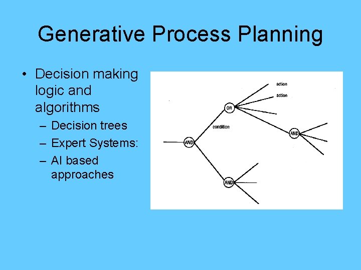 Generative Process Planning • Decision making logic and algorithms – Decision trees – Expert