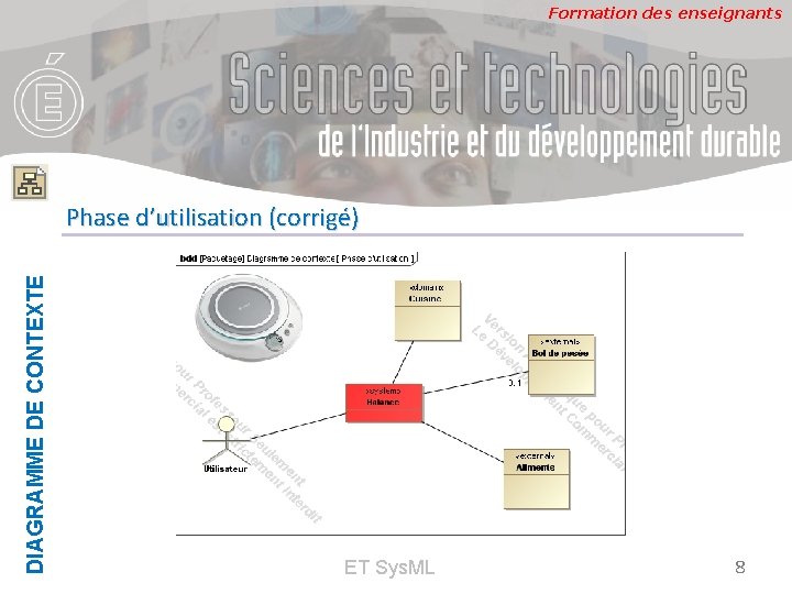 Formation des enseignants DIAGRAMME DE CONTEXTE Phase d’utilisation (corrigé) ET Sys. ML 8 