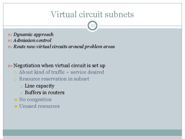 Virtual circuit subnets 10 Dynamic approach Admission control Route new virtual circuits around problem