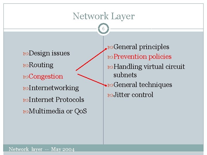 Network Layer 6 Design issues General principles Prevention policies Routing Handling virtual circuit Congestion