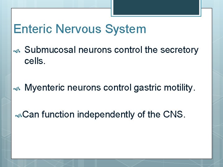 Enteric Nervous System Submucosal neurons control the secretory cells. Myenteric neurons control gastric motility.