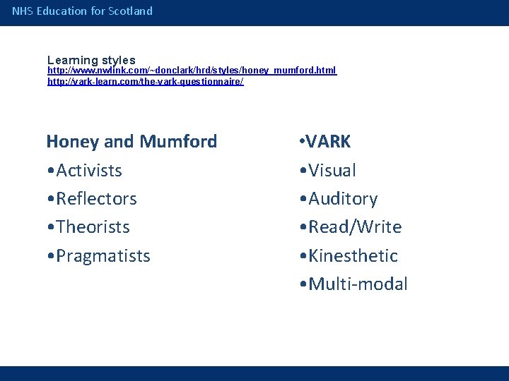 NHS Education for Scotland Learning styles http: //www. nwlink. com/~donclark/hrd/styles/honey_mumford. html http: //vark-learn. com/the-vark-questionnaire/