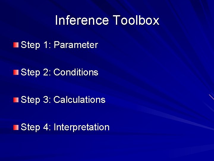 Inference Toolbox Step 1: Parameter Step 2: Conditions Step 3: Calculations Step 4: Interpretation